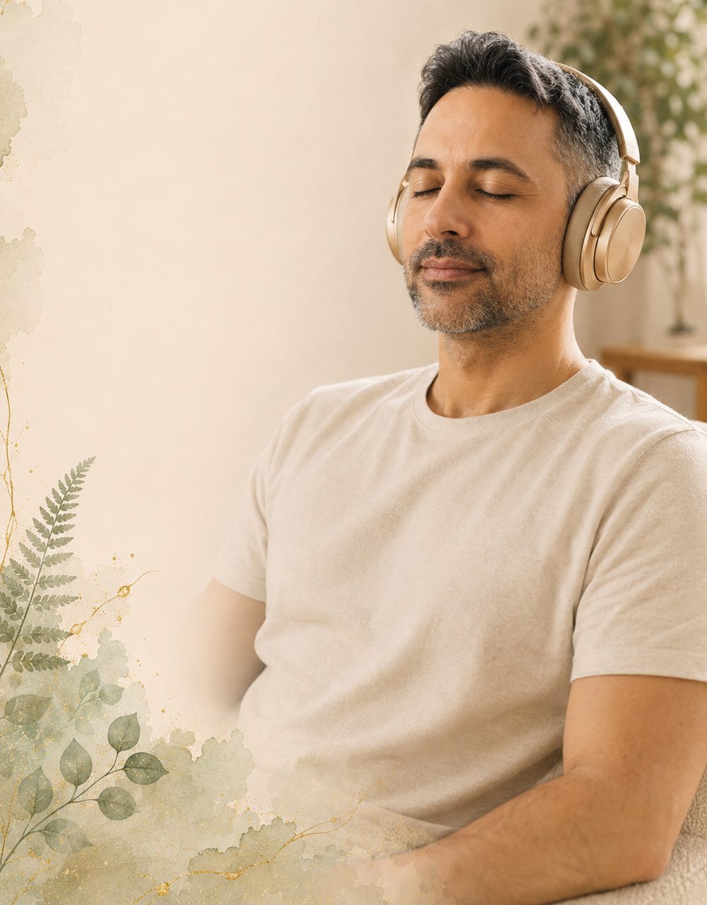 A man resting with eyes closed, listening through headphones